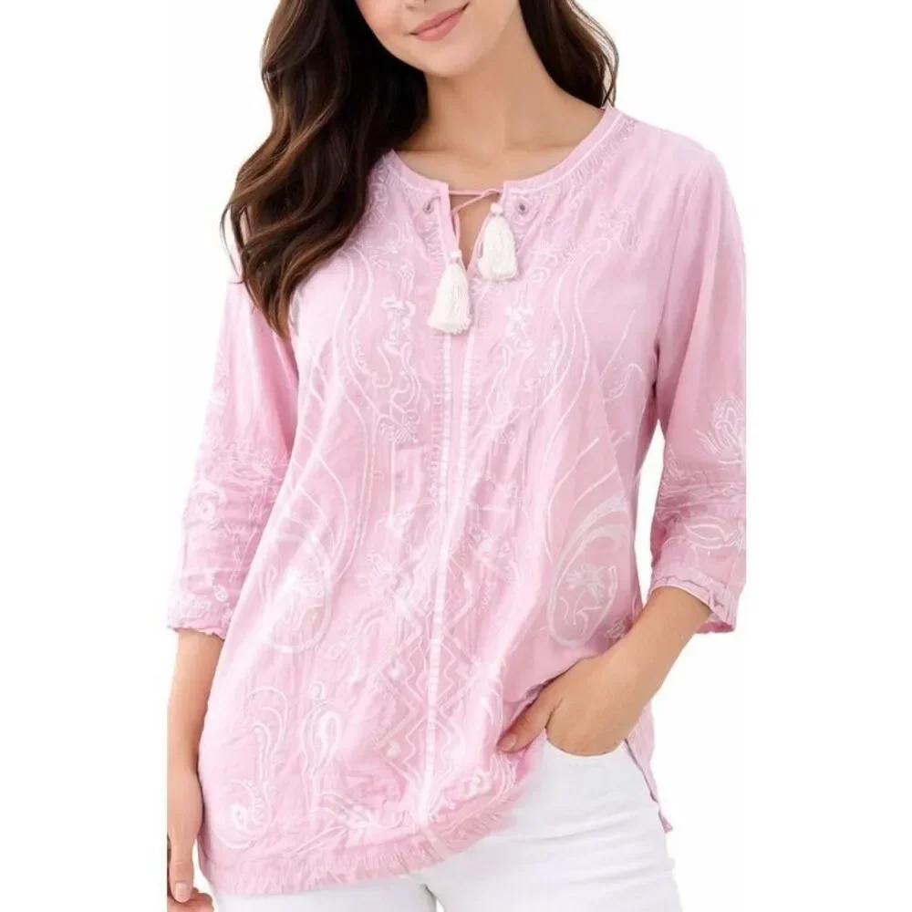 Gretchen Scott pink embroidered tassel tie tunic blouse size large